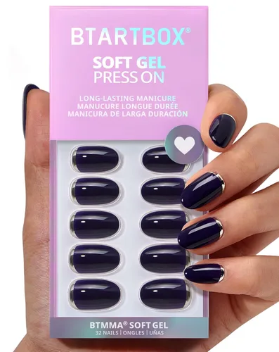 Miniatura 11 de BTArtbox Uñas cortas a presión, color negro, francés, almendra, con pegamento y pestañas adhesivas para mujeres en 16 tamaños, kit de 32 uñas de gel