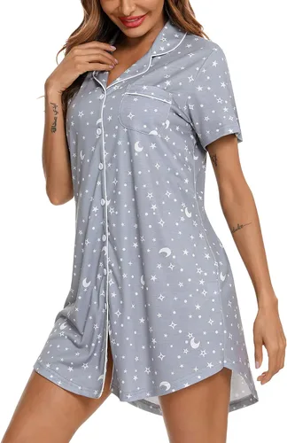 Miniatura 84 de Samring Camisón de pijama para mujer, manga corta/larga, con botones, camisón para dormir, camisón para novio, talla XXL