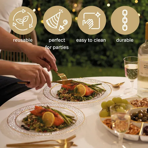 Miniatura 6 de MATANA 20 Platos de Fiesta Reutilizables de Plástico Transparente de 10 Pulgadas con Borde Dorado Martillado - Platos de Cena Resistentes de Primera