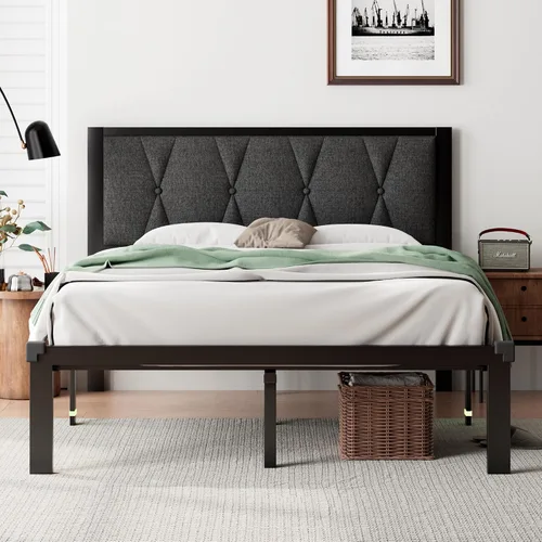 iPormis Base de cama tamaño matrimonial de metal, cama de plataforma con cabecera de botones de lino, soporte de listones resistentes, 30 cm de
