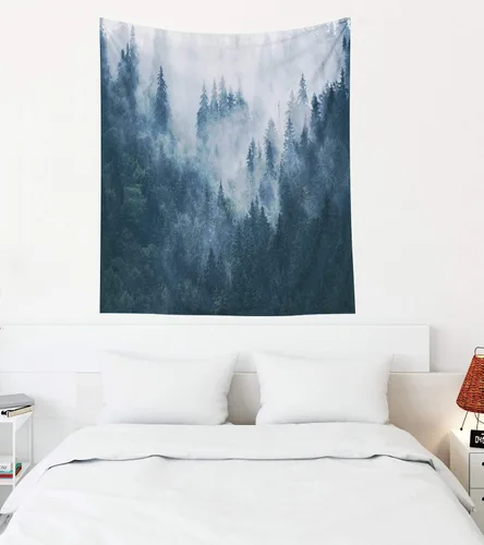 Miniatura 43 de EMMTEEY Tapiz de pared con bosque - Árbol de pino verde y niebla, arte de pared natural, 80x60 pulgadas, tapiz grande de estilo bohemio para sala