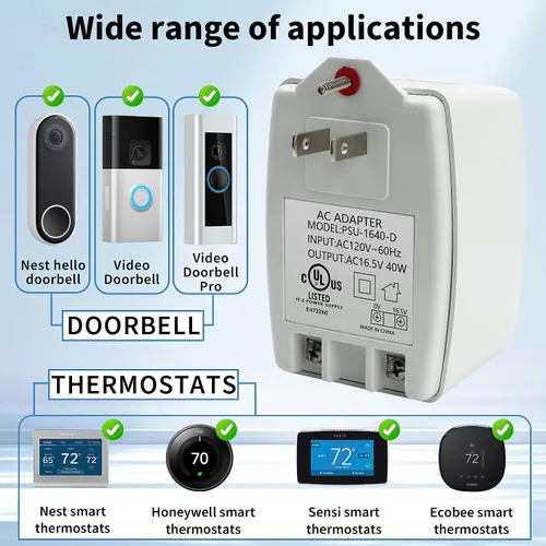 Miniatura 2 de Timbre de puerta de 16.5 V 40 VA enchufable de reajuste automático de transformadores de CA de seguridad, compatible con Ring Video Doorbell Pro