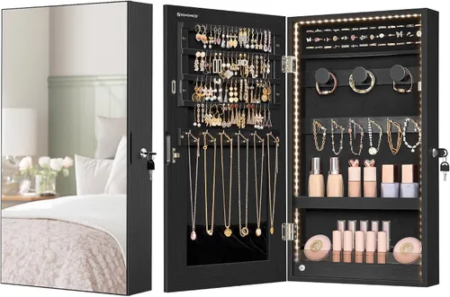 Miniatura 8 de SONGMICS Armario de joyería con espejo con luces LED integradas, organizador de almacenamiento de joyas montado en la pared o en la puerta, 3.8 x