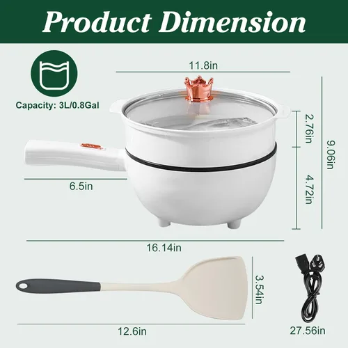 Miniatura 5 de Olla eléctrica con vaporizador, sartén antiadherente de 3 L, olla rápida de fideos con espátula, mini olla para carne, huevo, ramen, cocina