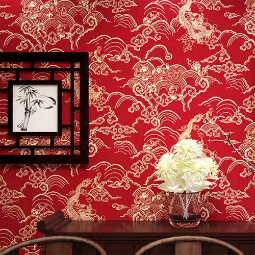 Q QIHANG Papel pintado de estilo rojo chino Patrón de dragón clásico Zen Hotel Restaurante Sala de estar Nubes auspiciosas Fondo de TV Fondo de