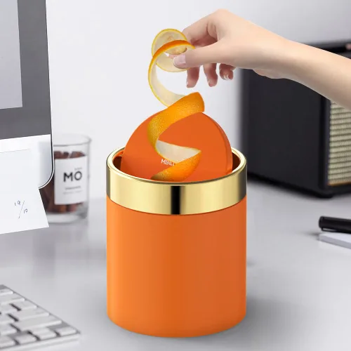 Miniatura 2 de Mini bote de basura con tapa, cubo de basura pequeño de escritorio para reciclaje, bonito bote de basura de metal para uso en encimera de mesa