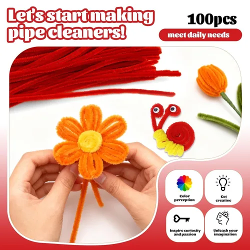 Miniatura 4 de Giwrmu 100 Piezas Limpiapipas Tallos de Chenilla, Limpiapipas Rojos para Manualidades, Palos Difusos Suministros de Manualidades, Limpiapipas