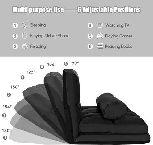 Miniatura 6 de S AFSTAR Sofá de suelo convertible, sofá de 6 posiciones con 2 almohadas extraíbles y cojín de esponja grueso, carga de 330 libras, sofá cama Negro