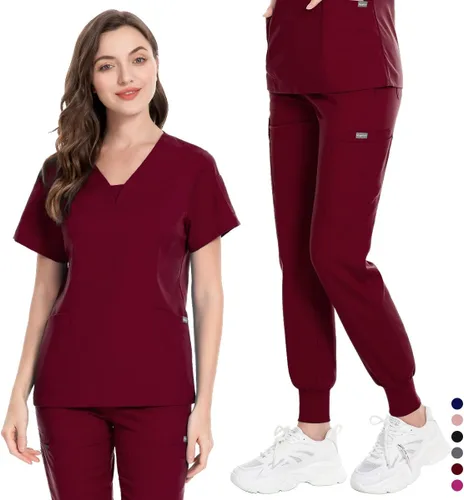 Miniatura 3 de niaahinn Conjunto de traje médico para mujer, moderno top con cuello en V y pantalones deportivos de pierna cónica con cordón, conjunto de uniformes