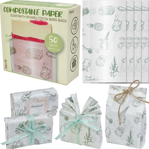 Hepgodin Paquete de 50 bolsas de papel para hacer jabón, barra de loción, bomba de baño, lápiz labial, aceite esencial, regalo, manualidades,