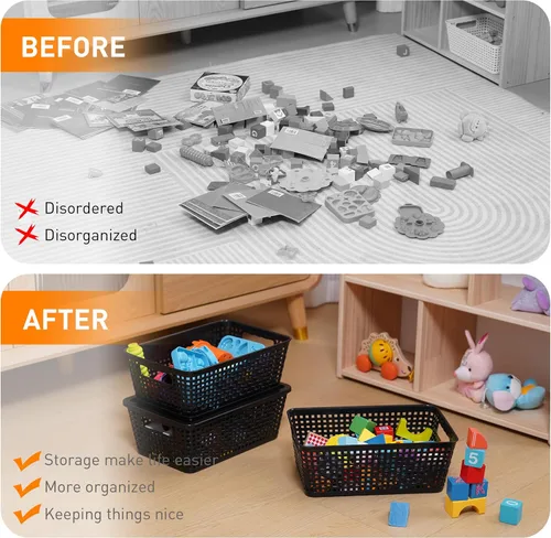 Miniatura 6 de Cestas de almacenamiento de plástico con tapa, contenedores de almacenamiento para organizar, contenedores decorativos apilables para estantes, Negro