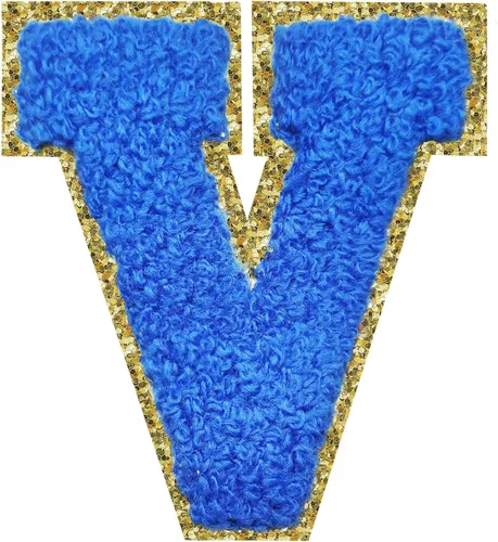 Miniatura 181 de Parches de letras termo-adhesivas de felpilla para chaquetas, parches de letras universitarias con brillantina para planchar en la letra azul A