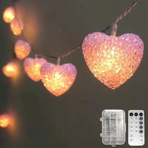 Miniatura 9 de Cadena de luces de San Valentín alimentadas por pilas, 6.8 pies, 10 luces LED de corazón con temporizador remoto, decoración de San Valentín, luz
