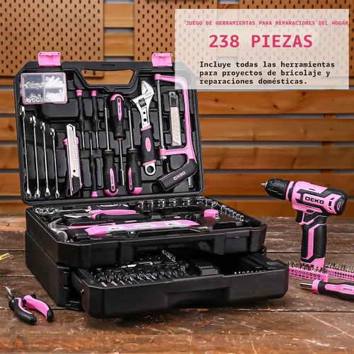Miniatura 5 de Juego de herramientas rosas: caja de herramientas DEKOPRO Home Mechanic con taladro inalámbrico de 12 V de potencia, juego de herramientas
