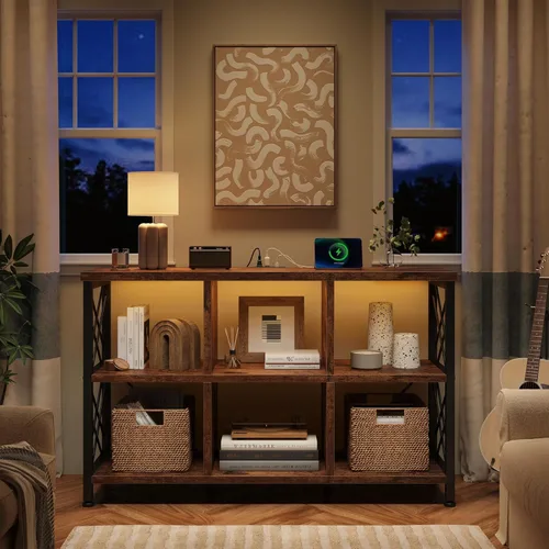 Miniatura 8 de DurayLoly Organizador de almacenamiento de 6 cubos con luz LED y estación de carga, estante de cubos de madera y metal, estante de libros horizontal