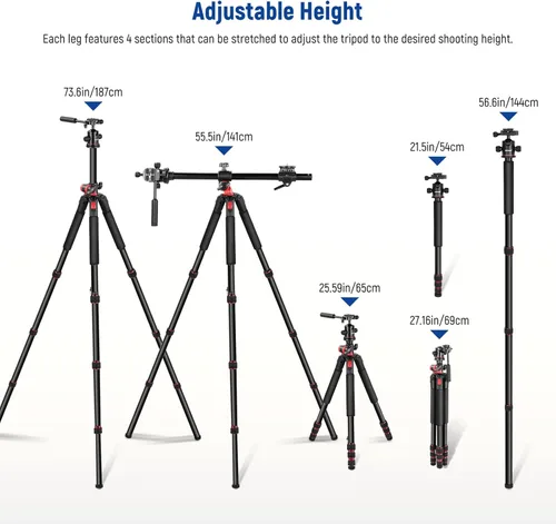 Miniatura 5 de NEEWER Trípode Horizontal de 73.6" con Columna Central Multiángulo, Cabezal Esférico y Plataforma de Eje Central, Trípode Monopie de Cámara