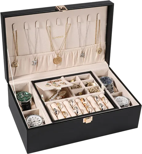 LANDICI Joyero organizador para mujeres y niñas estuche grande de 2 capas para hombres con bandeja extraíble soporte de almacenamiento de joyas de