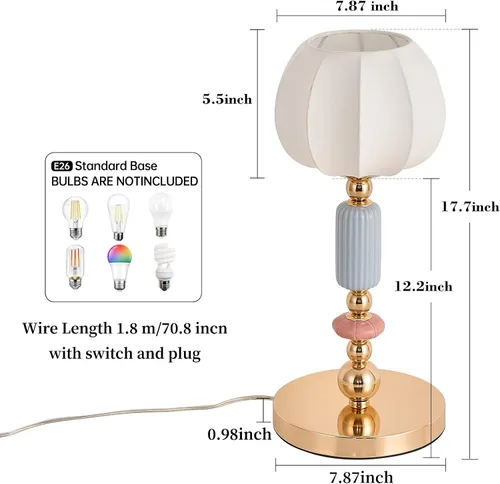 Miniatura 5 de Lámpara de mesa moderna imitada de seda con enchufe, base metálica, luz de escritorio con enchufe, cable y interruptor para dormitorio, mesita