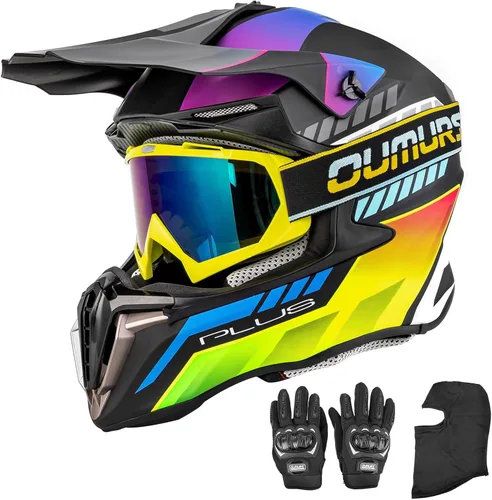 Miniatura 10 de OUMURS Casco de ATV Bicicleta de Tierra para Adultos con Gafas Guantes y Máscara Hebilla de Liberación Rápida Visera Solar Ajustable Casco de Negro