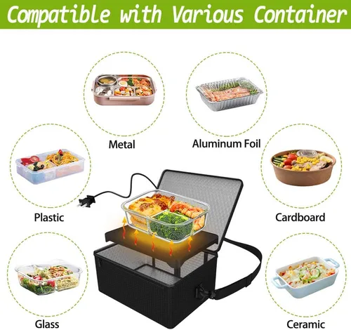 Miniatura 5 de Horno portátil, calentador de alimentos portátil de 110V, horno portátil personal, mini lonchera eléctrica calentada para recalentar y cocinar Negro