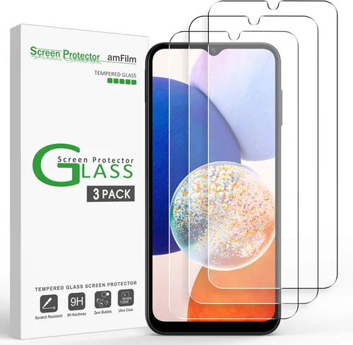 amFilm Paquete de 3 protectores de pantalla de vidrio templado compatibles con Samsung Galaxy A14 5G de 6.6 pulgadas, con kit de fácil instalación,