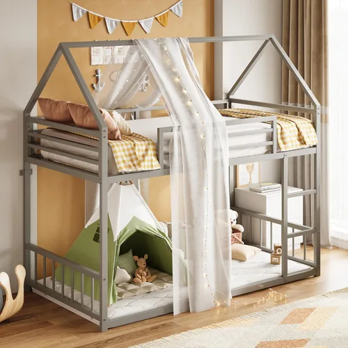 Miniatura 7 de LIKIMIO Litera individual sobre individual, marco de litera de casa con escalera y barandilla, forma de casa con listones de metal para dormitorio