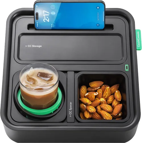 CouchConsole - Bandeja portavasos original para bebidas y aperitivos con reposabrazos, mesa con soporte para teléfono, almacenamiento y organizador