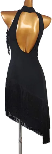 Miniatura 2 de Vestidos de baile latino con flecos para mujer, disfraces de competencia de cha cha, vestido de baile de baile, traje de baile de tango, negro, S