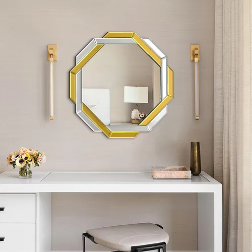 Miniatura 7 de Espejo de baño dorado de 20 x 20 pulgadas, espejo de pared helicoide decorativo, con borde biselado hexagonal sin marco para pared, baño, tocador