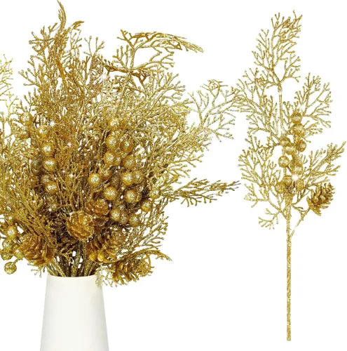 Miniatura 8 de Tigeen 12 Piezas Púas de Árbol de Navidad a Granel, Relleno Artificial para Árbol de Navidad, Púas de Bayas con Purpurina, Tallos, Ramas y Champán