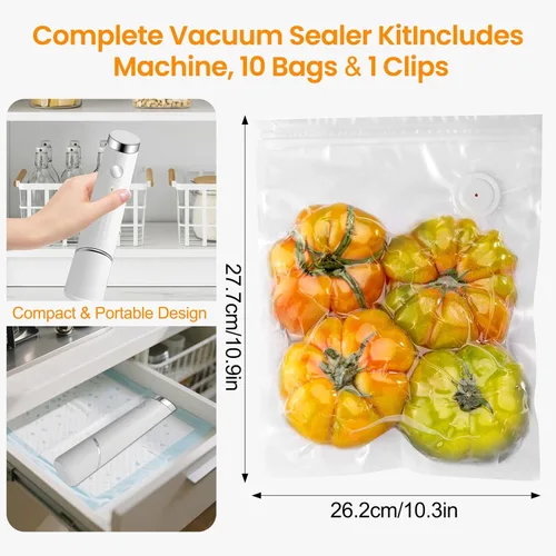 Miniatura 3 de Sellador al vacío compacto para alimentos (máquina selladora al vacío portátil + 10 bolsas reutilizables) compacto ahorrador de alimentos de mano
