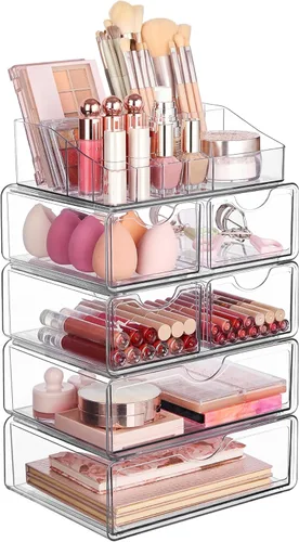 Miniatura 7 de Vtopmart - Organizador de maquillaje de plástico transparente de 1 nivel con cajón, almacenamiento de cosméticos para encimera de tocador y tocador