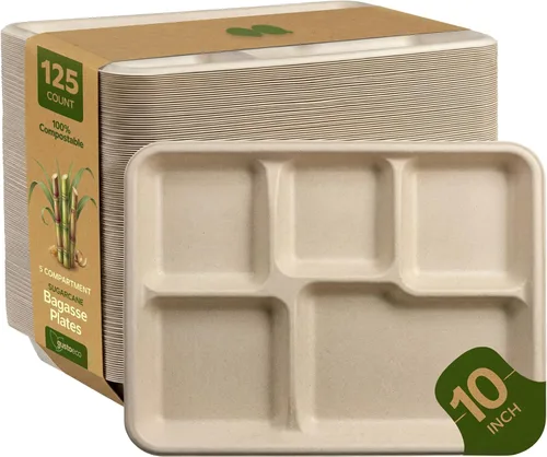 Miniatura 10 de GUSTO Platos de papel Kraft 100% compostables de 9 pulgadas [125 unidades] Vajilla desechable ecológica y resistente, platos llanos de bagazo