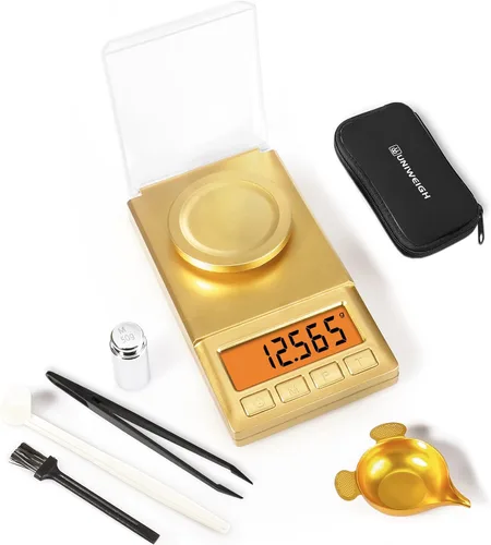 UNIWEIGH Báscula de miligramos de 1.76 oz/0.00 oz, báscula portátil de joyería con peso Cal, retroiluminación LCD, tare, báscula de gramo mini Dorado