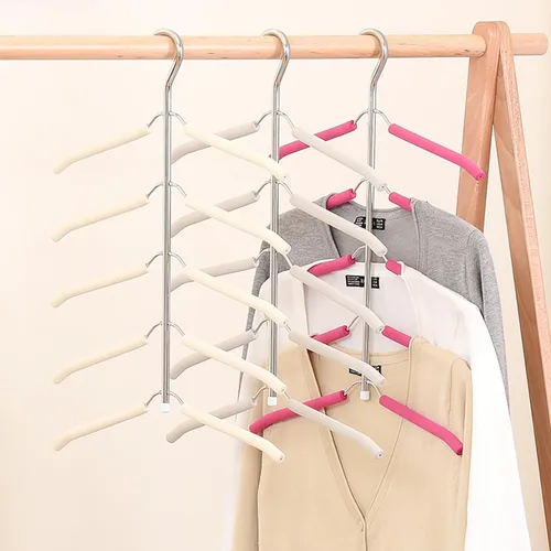 Miniatura 7 de Paquete de 3 perchas para blusas 5 en 1 que ahorran espacio, perchas acolchadas antideslizantes con brazo oscilante, acero inoxidable resistente