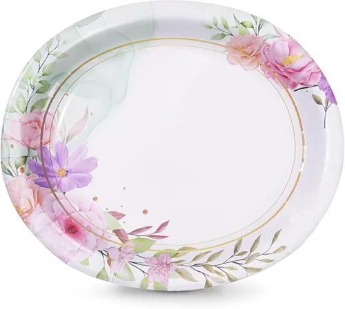 50 Count Platos de Papel Ovalados Florales, 10" x 12.5" Bandejas Grandes Desechables para Servir Cena de Servicio Pesado, para Bodas, Despedidas de