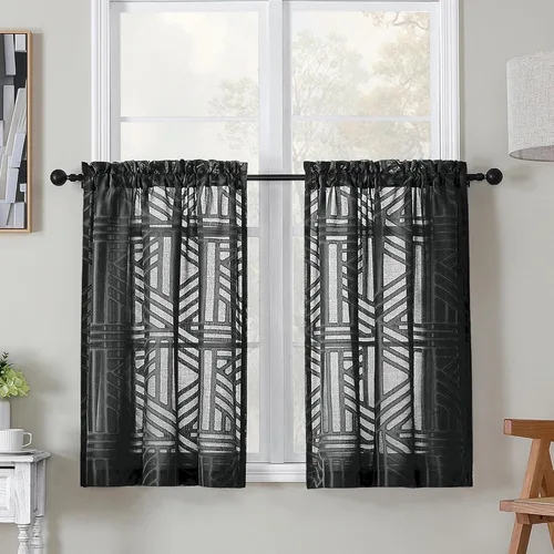 Miniatura 13 de Simplebrand Cortinas traslúcidas negras de cocina de 24 pulgadas de largo, 2 paneles, filtrado de luz, geométrico jacquard con textura, cortinas