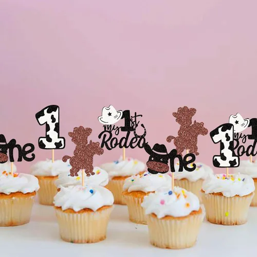 Miniatura 2 de 24 piezas de decoración de cupcakes con purpurina de vaca blanca y negra, para vaqueros, baby shower, niños y niñas, decoración de pastel