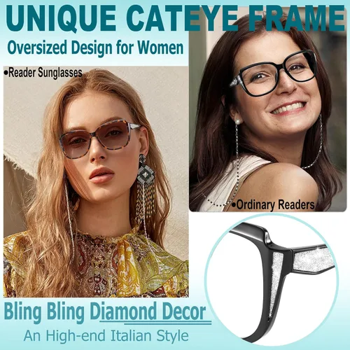 Miniatura 2 de Elegantes gafas de lectura de ojo de gato, lentes de sol de gran tamaño con cadena de lentes de moda portátiles para mujeres Paquete de 2 gafas