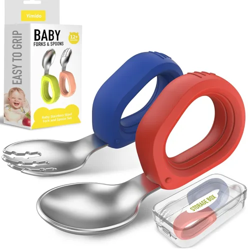 Juego de utensilios para niños pequeños, tenedor y cuchara para bebés con mango de silicona de fácil agarre, cubiertos de acero inoxidable 18/8