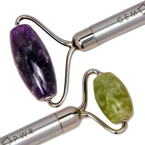 Miniatura 3 de Amatista + rodillo de jade para masaje facial y cuello, piedras preciosas dobles con mango de acero duradero y bolsa de viaje. Minimiza las arrugas