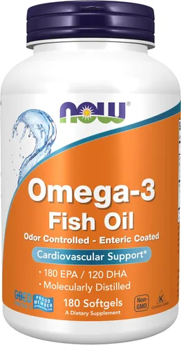 NOW Suplementos, Omega-3 180 EPA / 120 DHA, revestimiento entérico, apoyo cardiovascular*, 180 cápsulas blandas
