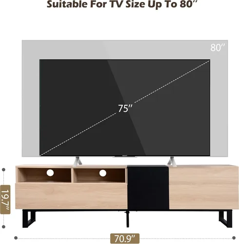 Miniatura 3 de Virubi Soporte de TV moderno con 3 gabinetes y estantes abiertos, centro de entretenimiento minimalista de madera para televisores de hasta 80