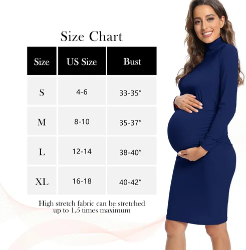Miniatura 4 de Vestido de maternidad de manga larga con cuello alto, vestido de embarazo ajustado a media pierna para uso casual, sesión de fotos, baby shower