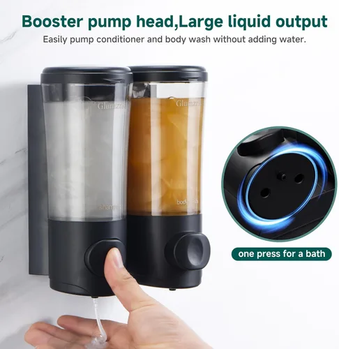 Miniatura 5 de Dispensador de champú para pared de ducha, 2 cámaras, sin taladro, dispensador de champú y acondicionador de 15 oz/450 ml cada recipiente