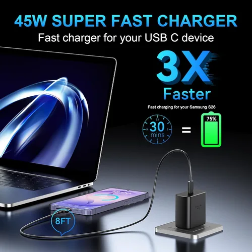 Miniatura 6 de Cargador súper rápido Samsung USB-C de 45 W tipo C de 8 pies, cable de carga rápida con bloque de cargador de pared de teléfono Android para Samsung