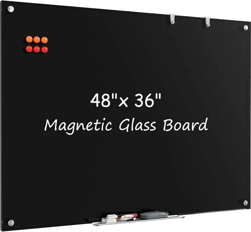 MaxGear Pizarra blanca de cristal, pizarra magnética de borrado en seco templado de 48 x 36 pulgadas, sin marco, para oficina, aula, sala de