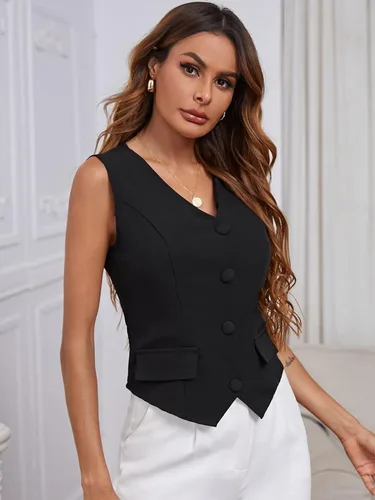 Miniatura 2 de SweatyRocks Elegante chaleco sin mangas con cuello en V y botones delanteros para mujer