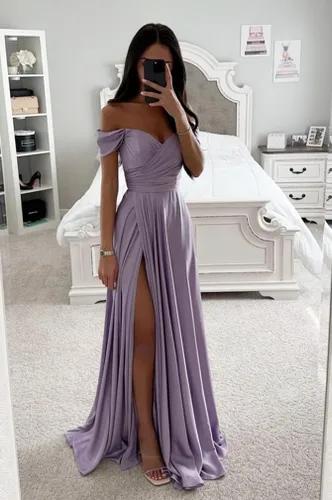 Miniatura 2 de PEIYJYUSP Vestidos de dama de honor de satén con hombros descubiertos para boda, largo, fruncido, acampanado, vestido de graduación formal