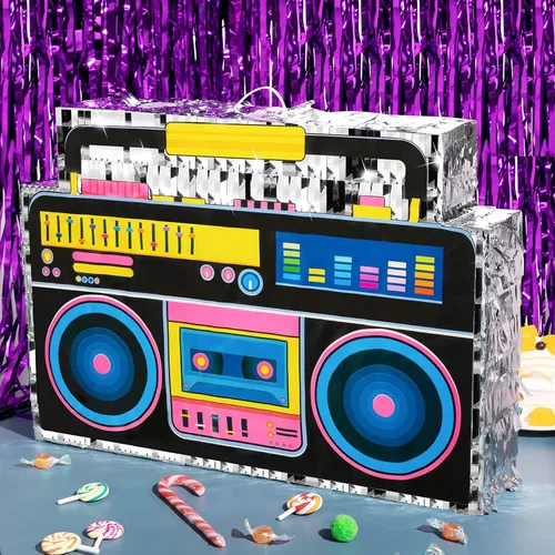 Miniatura 5 de Tenare Boombox Piñata Boom Box - Piñata de los años 80, suministros de fiesta musical retro de los años 90 para decoración de fiesta de cumpleaños